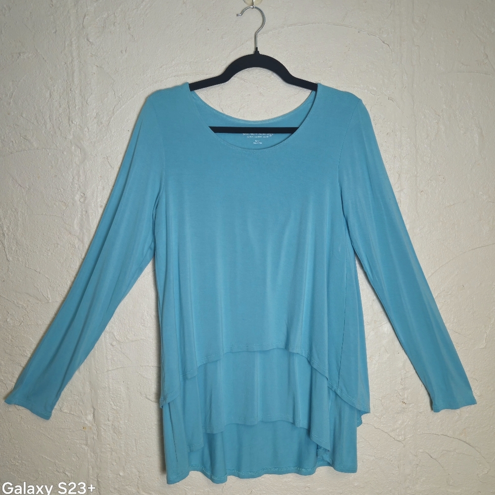 Soft Surroundings Perfect Layers Blouse Top  Back V Layer Blue Shirt Size Small